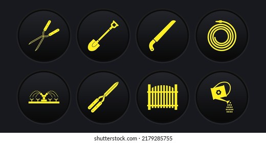 Set Automatic irrigation sprinklers, Garden hose or fire hose, Gardening handmade scissor, fence, saw, shovel, Watering can and  icon. Vector