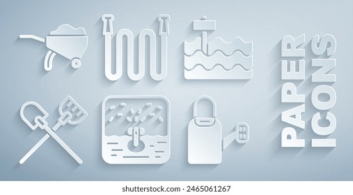 Set Automatic irrigation sprinklers, Garden bed, Shovel, Watering can, hose and Wheelbarrow with dirt icon. Vector