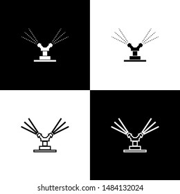 Set Automatic irrigation sprinklers icon isolated on black and white background. Watering equipment. Garden element. Spray gun icon.  Vector Illustration
