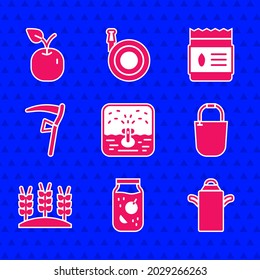 Set Automatic irrigation sprinklers, Jam jar, Can container for milk, Bucket, Wheat, Scythe, Pack full of seeds of plant and Apple icon. Vector