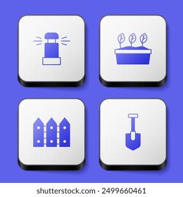 Set Automatic irrigation sprinklers, Plant pot, Garden fence wooden and Shovel icon. White square button. Vector