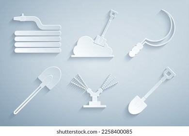 Set Automatic irrigation sprinklers, Sickle, Garden shovel, Shovel the ground and hose or fire hose icon. Vector