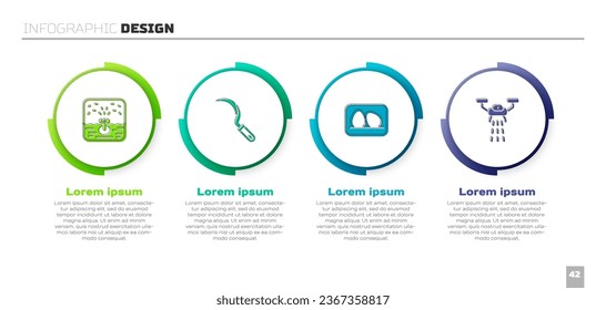 Set Automatic irrigation sprinklers, Sickle, Chicken egg and Smart farm with drone. Business infographic template. Vector