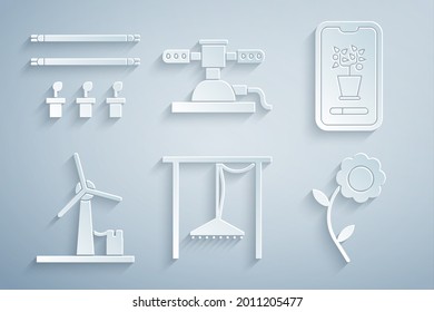 Set Automatic irrigation sprinklers, Smart control farming system, Wind turbine, Flower,  and with bulb and plant icon. Vector