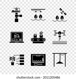 Set Automatic irrigation sprinklers, Smart farm with bulb and plant, drone, Flower analysis, Incubator for eggs, Laptop application smart and Conveyor belt box icon. Vector