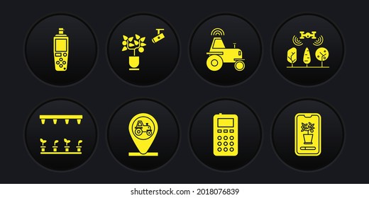 Set Automatic irrigation sprinklers, Smart farm with drone, Tractor and location, Remote control, Wireless tractor smart, farming technology, system and Portable sensor icon. Vector