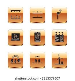 Set Automatic irrigation sprinklers, Smart farm with drone, control farming system, Laptop application for smart, Router and wi-fi signal, Wind turbine and  icon. Vector