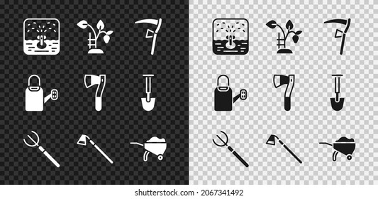 Set Automatic irrigation sprinklers, Strawberry bush, Scythe, Garden pitchfork, hoe, Wheelbarrow with dirt, Watering can and Wooden axe icon. Vector