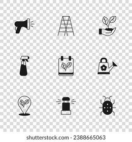 Set Automatic irrigation sprinklers, Watering can, Colorado beetle, Calendar with autumn leaves, Leaf hand, Garden hose, Wooden staircase and sprayer for water icon. Vector