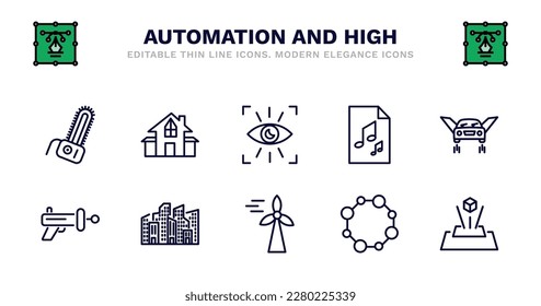 conjunto de iconos de alta delgada y automatización. automatización e iconos de contorno alto como residencias, escaneos oculares, archivos de audio, coche volador, blaster, blaster, cityscape, energía eólica, nanotecnología,