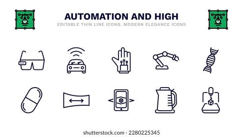 conjunto de iconos de alta delgada y automatización. automatización e iconos de alto contorno como vehículo, guantes con cable, brazo robot, estructura de adn, cápsula, cápsula, vista panorámica, realidad aumentada, hervidor, 3d