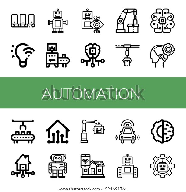 Set of automation icons. Such as Conveyor, Light\
control, Robot, Artificial intelligence, Robotic arm, AI, Robot\
arm, Smart house, Robotics, Smart home, Autonomous car , automation\
icons