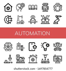 Set of automation icons. Such as House automation, Artificial intelligence, AI, Robot, Conveyor, Autonomous car, Robotics, Smart home, Automation, Industrial robot , icons