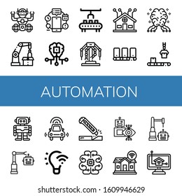 Set of automation icons. Such as Robot, Robotic arm, Automation, Artificial intelligence, Robot arm, Robotics, Smart home, Conveyor, AI, Autonomous car, Light control , automation icons