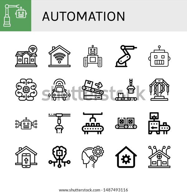 Set of automation icons\
such as Robot, Smart home, Domotics, Industrial robot, Artificial\
intelligence, Autonomous car, Conveyor, Robotics, Robot arm, AI,\
House automation 