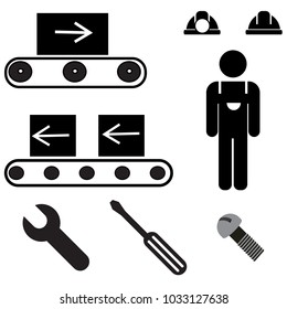 Set automation line icon worker with helmet, set of equipment, for web, digital, info graphic, illustration, poster 