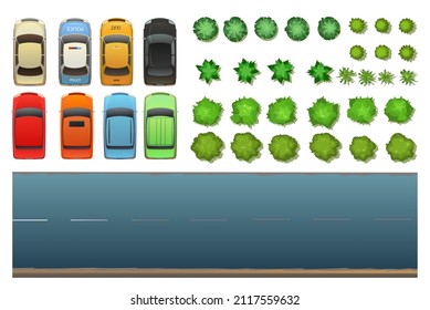 Conjunto de automóviles y carreteras. Vista desde arriba. Coche moderno. Dibujo de estilo lindo. Objeto aislado en fondo blanco. Vector.
