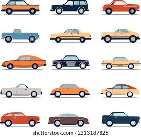 Set of automobiles, autos in a minimalistic composition, Hatchback, Crossover, Convertible, Sedan, Sports Car, Coupe