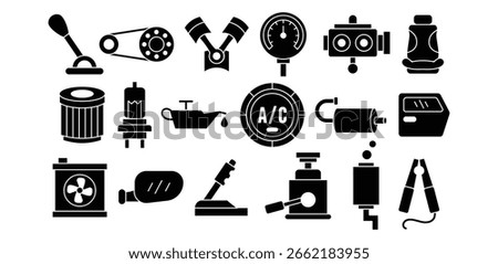 Set of Automotive Fill Icon Featuring Car Parts and Repair Symbols, Services, Gear, System, Engineering, Workshop, Component, Auto Vector Design Collections