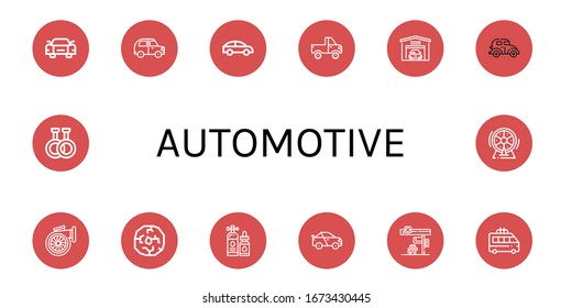 Set of automotive icons. Such as Sportive car, Car, Jeep, Garage, Turbo, Wheel, Lubricant, Racing car, Gas station, Minivan, Rubber , automotive icons
