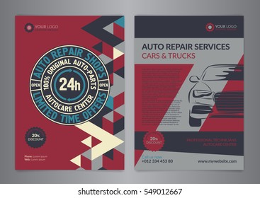 Set Automotive Service Centers business layout templates. A4 auto repair shop Brochure templates, automobile magazine cover, geometry pattern triangle Modern Backgrounds. Vector illustration.