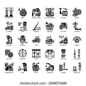 Set of automotive spar part thin line and pixel perfect icons for any web and app project. 