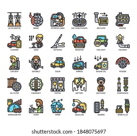 Set of automotive spar part thin line and pixel perfect icons for any web and app project. 