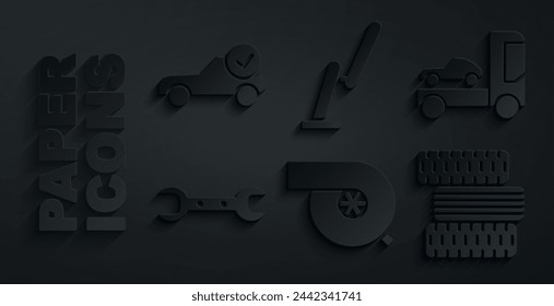 Set Automotive turbocharger, Car transporter truck, Wrench spanner, tire wheel, Windscreen wiper and service check automotive icon. Vector