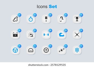 Set Automotive turbocharger, Racing helmet, Stopwatch, steering wheel, traffic light, Wheel wrench, track and Chassis car icon. Vector