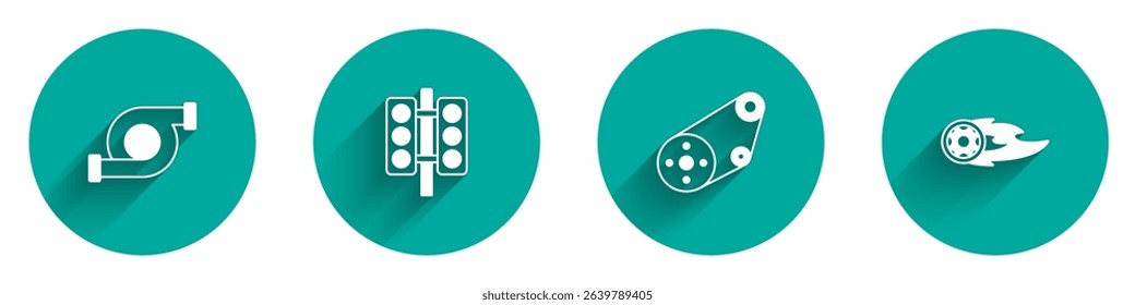 Set Automotive turbocharger, Racing traffic light, Timing belt kit and Wheel fire flame icon with long shadow. Vector