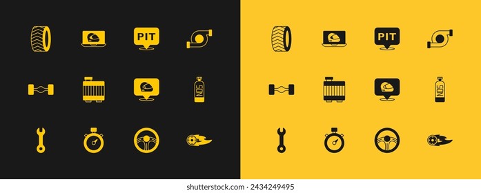 Set Automotive turbocharger, Stopwatch, Racing helmet, steering wheel, Car radiator cooling system, Pit stop, tire and  icon. Vector