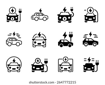 Set of autonomous vehicle icons electric car, bus, truck, van , Set of electric car with plug. Electric  charger place. Recharger battery station for automobile. Friendly alternative energy.
