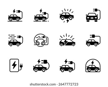 Conjunto de ícones de veículo autônomo carro elétrico, ônibus, caminhão, van, conjunto de carro elétrico com plugue. Carregador de carro elétrico lugar. Estação de bateria de recarregador para automóveis. Energia alternativa amigável.