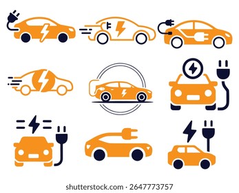 Conjunto de ícones de veículo autônomo carro elétrico, ônibus, caminhão, van, conjunto de carro elétrico com plugue. Carregador de carro elétrico lugar. Estação de bateria de recarregador para automóveis. Energia alternativa amigável.
