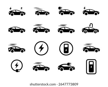 Conjunto de ícones de veículo autônomo carro elétrico, ônibus, caminhão, van, conjunto de carro elétrico com plugue. Carregador de carro elétrico lugar. Estação de bateria de recarregador para automóveis. Energia alternativa amigável.
