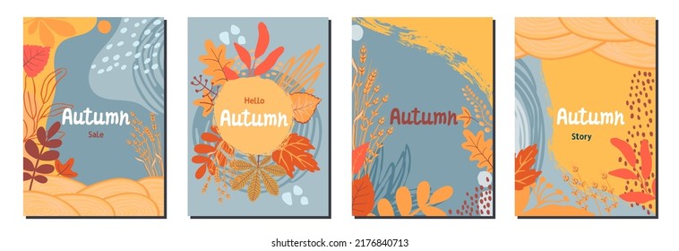 Set of autumn abstract background with fallen leaves, ears, lines, dot, spot in blue,yellow,orange colors.Vector template for social networks, design banners , invitations,promotion, discount voucher.