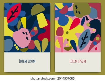 Set of Autumn abstract backgrounds. Fall cover design with organic shapes, fruits, leaves in retro palette colors