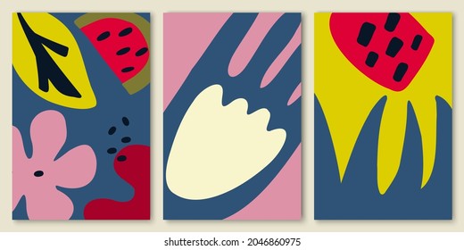 Set of Autumn abstract backgrounds. Fall cover design with organic shapes in retro palette colors