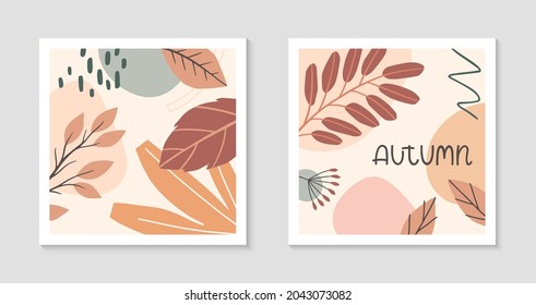 Set of autumn abstract decorative prints with organic various shapes,foliage and lettering.Moderm seasonal design.Universal artistic banners.Trendy fall vector illustrations.