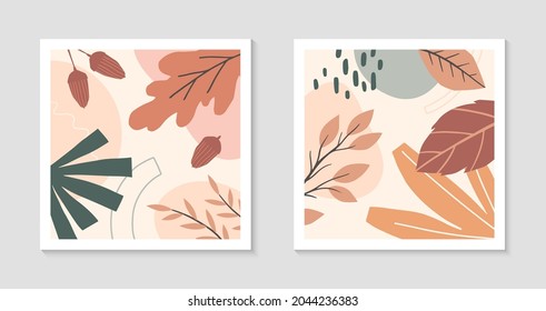 Set of autumn abstract decorative prints with organic various shapes and foliage.Moderm seasonal design.Universal artistic banners.Trendy fall vector illustrations.