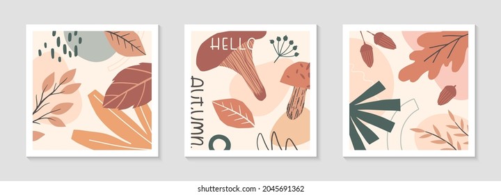 Set of autumn abstract decorative prints with organic various shapes,foliage,mushrooms and lettering - hello autumn.Moderm seasonal design.Universal artistic banners.Trendy fall vector illustrations.