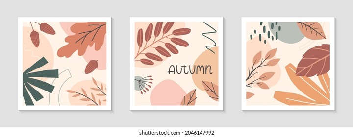 Set von abstrakten Herbstdrucken mit organischen Formen, Blattwerk und Schrift.Modernes, saisonales Design.Universelle künstlerische Banner.Trendy Fall Vektorgrafiken.