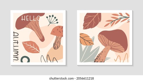 Set of autumn abstract decorative prints with organic various shapes,foliage,mushrooms and lettering - hello autumn.Moderm seasonal design.Universal artistic banners.Trendy fall vector illustrations.