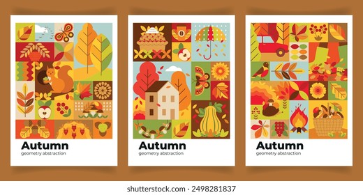 Set of autumn abstract geometric backgrounds with elements of nature, landscape, walk in the forest. Creative concept of autumn, leisure and life in nature. Poster, banner, flyer, cover