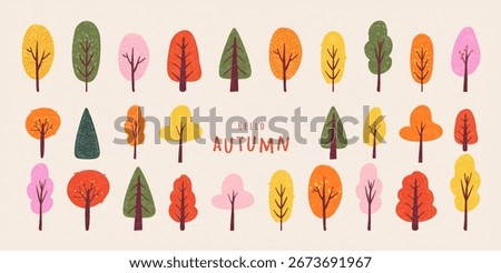 Set of Autumn abstract hand drawn bright colorful trees. Horizontal fall background. Modern design template for card, web, banner, sale, poster, flyer, cover, social media, ads, season decor