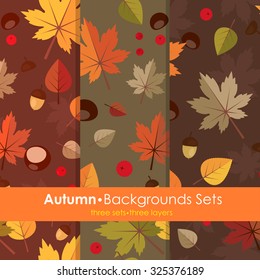 Set autumn abstract seamless background with maple leaves, chestnut, acorn, rowanberry, sorb, aspen, basswood. Back to school. Vector illustration. Wonderful elements to your design. Three layers.