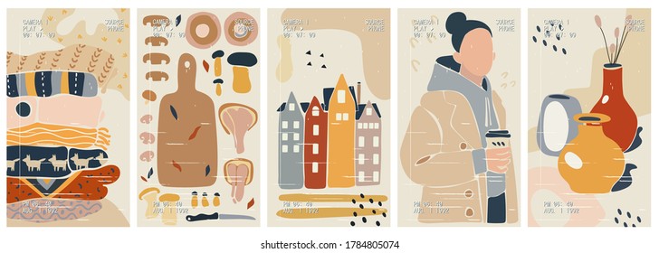 Set of autumn aesthetic hand drawn backgrounds for social media, stories. Minimalistic abstract illustrations with a girl in a coat and coffee, houses, warm clothes, knolling mushrooms, still life.