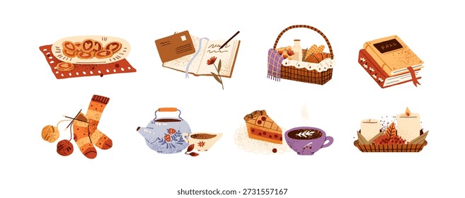 Conjunto con estética otoñal. Acogedores Elementos de otoño - calcetines de punto con bolas de hilo, velas, pasteles, libros y cesta de picnic. Artículos de decoración del hogar. Ilustraciones vectoriales de dibujo aisladas planas en blanco
