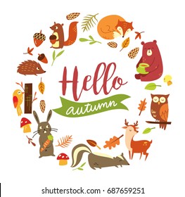 Set of autumn animal isolated on white background