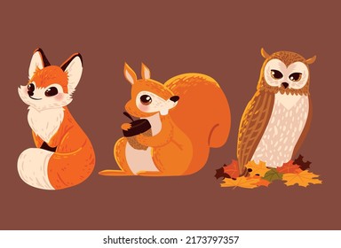 establecer animales y hojas de otoño